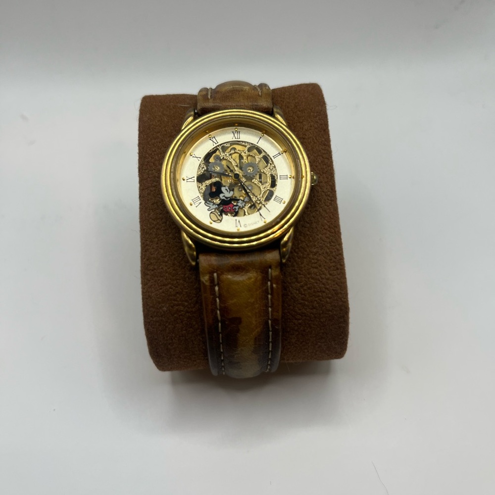 Rare Vintage Gold Mickey Mouse Skeleton DS-38 Watch with Leather Strap